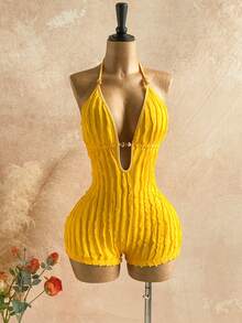 Soleia Bộ jumpsuit nữ màu trơn gợi cảm kiểu dáng nghỉ dưỡng cổ yếm - Màu vàng ngỗng - Xem 3