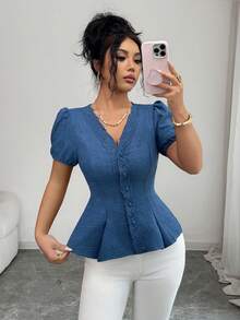 Selianne Áo sơ mi ngắn tay nữ, chất liệu vải dập nổi họa tiết nơ, trang trí viền hoa, kiểu dáng tối giản thời trang, phù hợp cho đi làm hàng ngày vào mùa hè, đi ăn, dự tiệc, đa năng. - Màu xanh lam - Xem 4