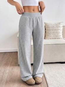 Flirla 女士灰色罗纹腰带低腰口袋直筒阔腿运动裤，秋冬时尚，适合教师、学生、毕业典礼、休闲、街头风、日常穿着，简约百搭 - 灰色 - 查看 1