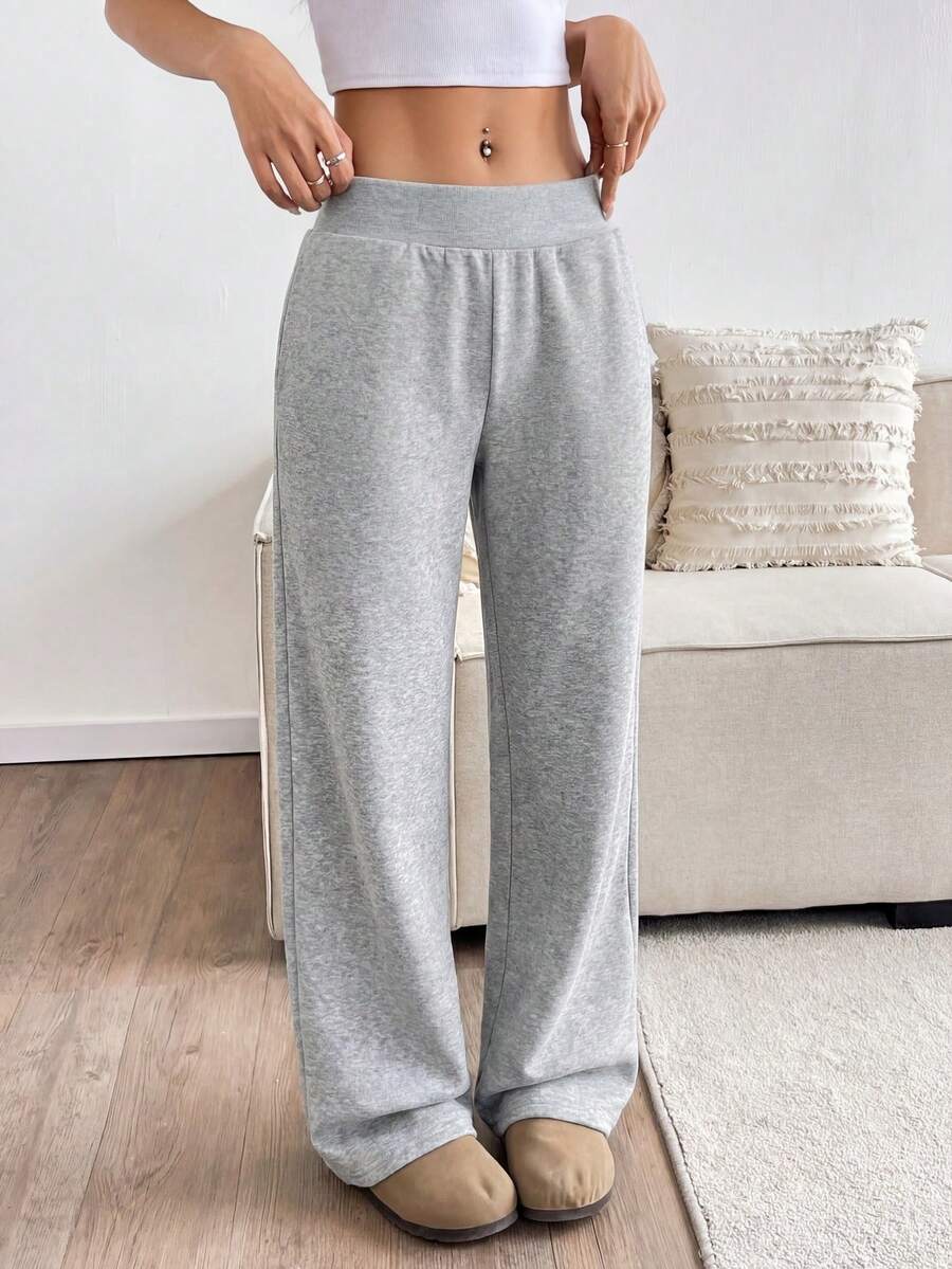 Flirla 女士灰色罗纹腰带低腰口袋直筒阔腿运动裤，秋冬时尚，适合教师、学生、毕业典礼、休闲、街头风、日常穿着，简约百搭 - 灰色 - 查看 1