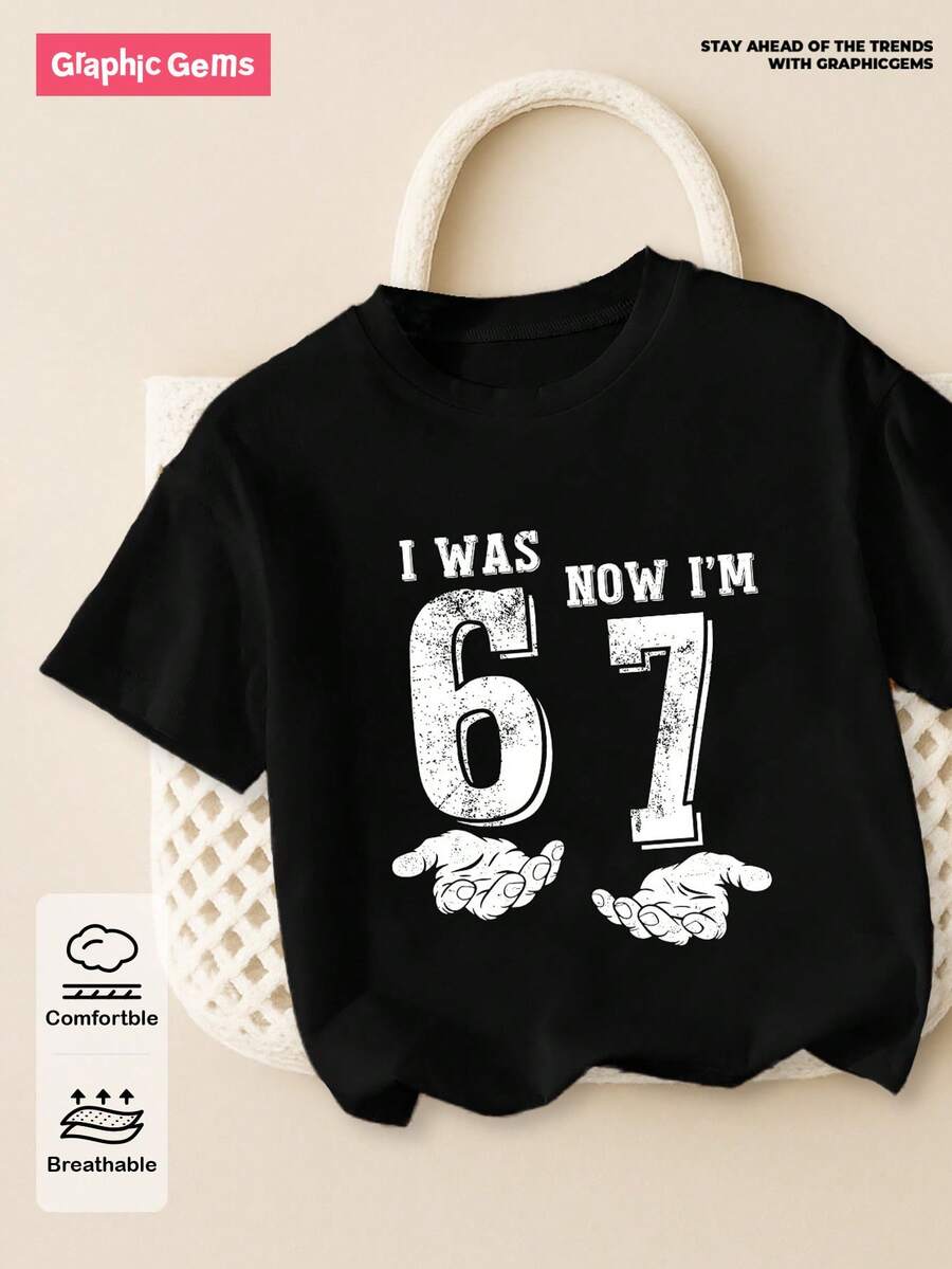 Coolqubz Toddler Boys' Casual Minimalist "67" Graphic Print Short Sleeve Round Neck T-Shirt, Suitable For Outings, Black Short Sleeve Top "I Was 6, Now I'm Seven" 7th Birthday Gift, Spring/Summer T Shirts 7 Year Old - Black - View 1