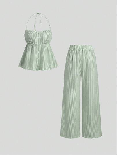 Sweetra 女士休闲条纹简约两件套，适合春夏外出穿着，粉色