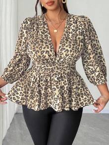 Elenzga Plus Size Leopard Print Deep V-Neck Long Sleeve Shirt - Khaki - View 5