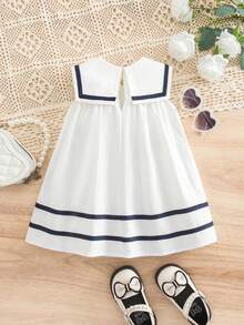 SHEIN 女婴学院风可爱休闲白色水手领条纹连衣裙 - 白色 - 查看 3