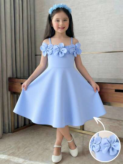 SHEIN Young Girls' Elegant Princess Style Light Blue Off-Shoulder Dress, Made Of Delicate Woven Fabric For Soft And Skin-Friendly Wear, Decorated With 3D Floral Accents At Neckline, Off-Shoulder Design Highlights Shoulder And Neck Lines, Waist Cinched For Flattering Fit, A-Line, Slim And Elegant Silhouette, Lightweight Fabric Suitable For Spring/Summer, Ideal For Piano Recitals, Birthday Parties, Holidays And Other Occasions, Blue Dress Sold Individually