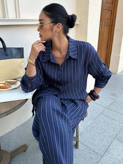 Dazy Plus Plus Size Women 2-Piece Set: Casual Striped Loose Turndown Collar Long Sleeve Shirt Top And Straight Leg Pants, Spring/Summer