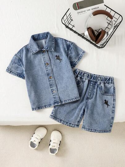 2pcs Denim Young Boys Casual Daily Urban Street Dinosaur Print Denim Short Sleeve Shirt & Cute Dinosaur Print Elastic Waist Denim Shorts Set