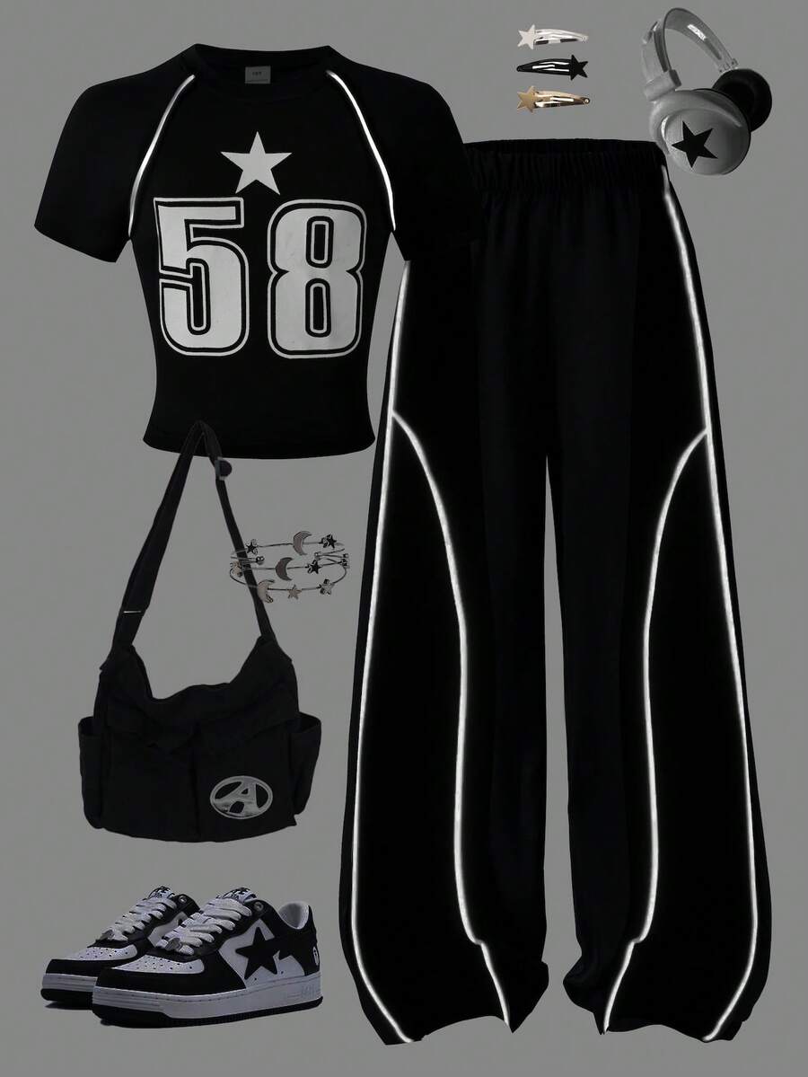 SHEIN 2件套少女反光印花短袖T恤，反光休闲裤套装 - 黑色 - 查看 1