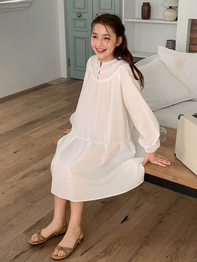 Tween Girl Solid Color Button Ruffle Hem Long Sleeve Dress