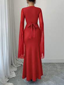 SHEIN Raffinéa 女士优雅蕾丝拼接V领开衩修身鱼尾连衣裙 - 紅色 - 查看 2
