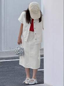 DAZY 少女单排扣短袖开衫搭配牛仔裙休闲装 - 白色 - 查看 7