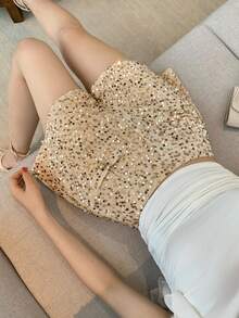 DAZY Quần short nữ thanh lịch đính sequin có túi, thích hợp mặc mùa hè, dự tiệc cưới. - Màu be - Xem 10