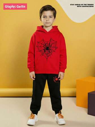 SHEIN GraphicGems 2pcs/Set Young Boy Fashion Spider Print Hooded Fleece Sweatshirt & Fleece Sweatpants Set, Suitable For Outings In Autumn/Winter, Halloween Spider Print Sweatshirt Set With Red Sweatshirt And Black Sweatpants Fall