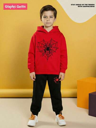 SHEIN GraphicGems 2pcs/Set Young Boy Fashion Spider Print Hooded Fleece Sweatshirt & Fleece Sweatpants Set, Suitable For Outings In Autumn/Winter, Halloween Spider Print Sweatshirt Set With Red Sweatshirt And Black Sweatpants Fall