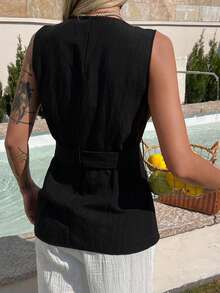 DAZY 女士V领无袖外套，带大口袋和腰带，休闲都市风 - 黑色 - 查看 6