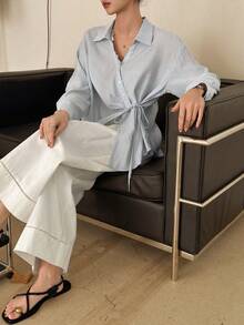 DAZY Women's Turndown Collar Long Sleeve Lace Patchwork Loose Side Tie Casual Shirt - Blue - View 4