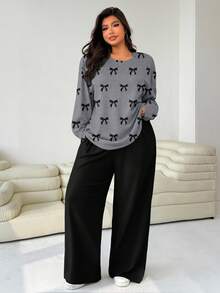 SHEIN EZwear 大码女装两件套：宽松圆领T恤和直筒裤 - 灰色 - 查看 4