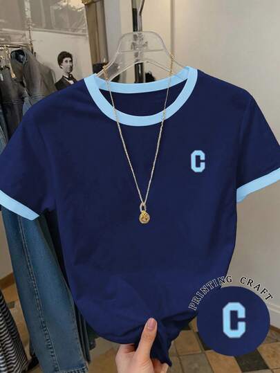 Resyla Women's Contrast Trim Letter Print Round Neck Short Sleeve T-Shirt