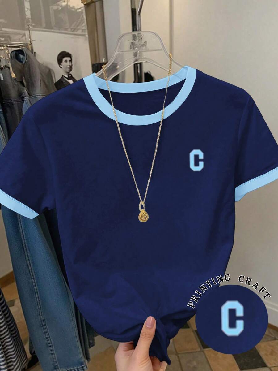 Resyla Women's Contrast Trim Letter Print Round Neck Short Sleeve T-Shirt - Blue - View 1