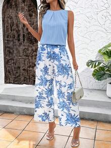 SHEIN Clasi Women's Crew Neck Sleeveless Loose Pleated Blue Floral Print Wide Leg Pants, Elegant Casual Outfit For Outings And Vacation, Spring/Summer Two Pieces Women Sets Summer Women's Summer Sets 2 Pc Summer Outfits Ladies Casual Sets Summer Outfit For Women Vacation Outfits Women, Holiday Outfitssummer Outfits, Spring Outfit, Beach Outfit, Festival Outfits, Vacation Outfits, Office Outfits, Country Outfit Women / For Women Elegant Dress, Elegant Party Dress, Elegant Blouse, Casual Classy Casual Dress, Casual Blouse, Casual Sets, Casual Long Dresses Beach Dress, Beach Outfit, Vacation Dress, Summer Holiday Outfits Wedding Guest Dress, Bridesmaid Dress, Graduation Dress - Multicolor - View 5