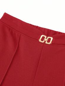 SHEIN PETITE Pantalon minceur texturé en tissu élastique minimaliste pour femmes de la série Petite, avec décoration métallique - Rouge - Voir 5