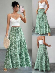 Rafferiza New Women's High-Waisted Long Skirt With Leaf Print, Featuring An Elastic Waistband With Drawstring Tie Detail, And A Multi-Layered, Loose-Fitting A-Line Silhouette. - Green - View 9
