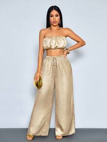 SOLERSUN 女士春夏时尚休闲优雅日常穿搭褶皱金属涂层无肩带露脐抹胸上衣和阔腿裤套装，夏季度假海滩波西米亚性感两件套 - 金色 - 查看 5