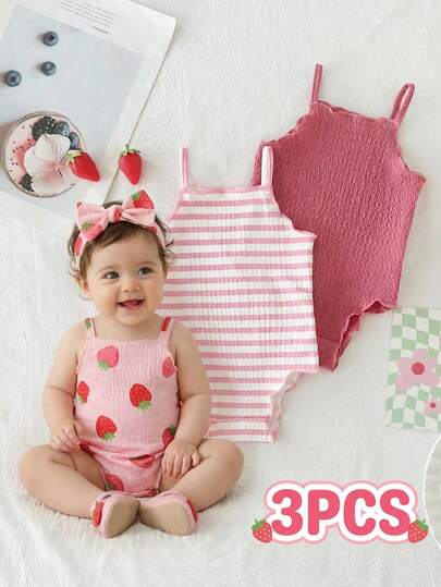 SHEIN Vintaside Kids 3pcs Baby Girls' Comfortable, Versatile, Simple Solid Color Knit Camisole Romper Set, Spring/Summer