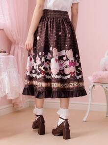 ROMWE Kawaii Retro Chocolate Heart Cookie, Teddy Bear, Bow, Cake, High Heel, Crown Tea Party Print Midi A-Line Skirt - Multicolor - View 3