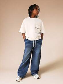 SUMWON 阔腿工装口袋牛仔裤，配有抽绳腰带和侧袋，适合秋冬休闲街头风度假穿着。 - 藍色 - 查看 3