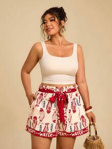 Travachic 大码女式字母鱼印花口袋宽松休闲短裤，适合春夏季节度假沙滩穿着，沙丁鱼图案印花短裤，度假短裤 - 彩色 - 查看 7