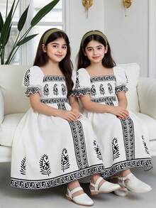 SHEIN Tween Girls Elegant Ruched Floral Print Puff Sleeve A-Line Dress,Black And White,Summer Party,Casual Vacation Family Gathering Daily Commute Dress - Apricot - View 1