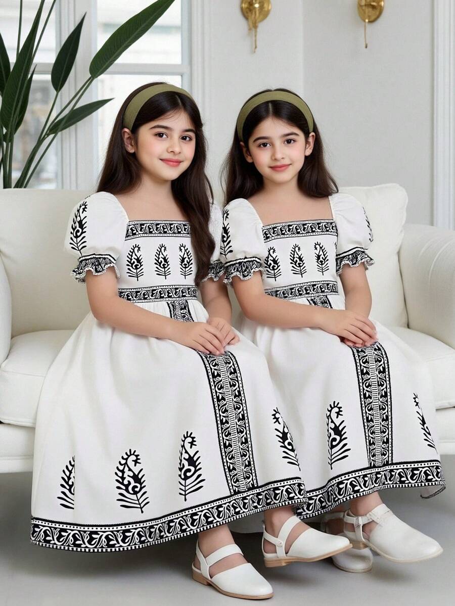 SHEIN Tween Girls Elegant Ruched Floral Print Puff Sleeve A-Line Dress,Black And White,Summer Party,Casual Vacation Family Gathering Daily Commute Dress - Apricot - View 1