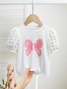 Young Girl Bow Print Round Neck Short Puff Sleeve Casual T-Shirt - White - View 6