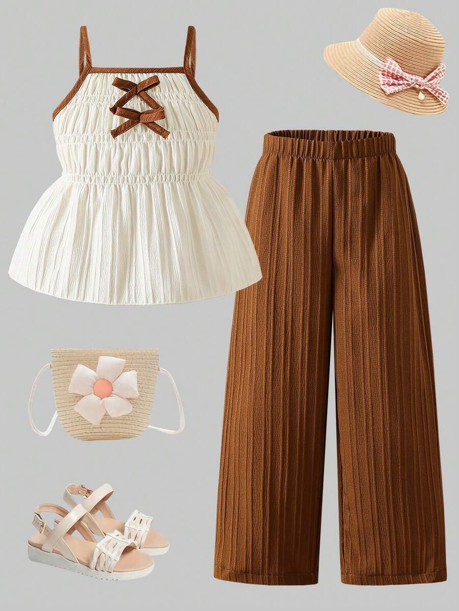 SHEIN 女童两件套：杏色褶皱蝴蝶结装饰吊带背心 + 焦糖棕色条纹阔腿裤，时尚休闲套装，适合日常、度假、夏季穿着 - 咖啡棕 - 查看 1