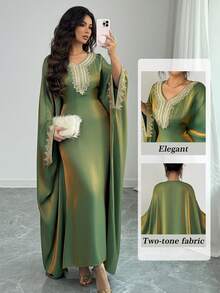 Rafferiza Spring/Summer New Elegant Party Gold Lace Trim Shiny Loose Adjustable Waist Inclusive Fit Women Dress - Green - View 1