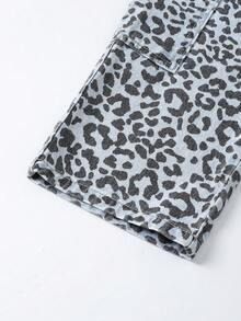 SHEIN ChillGRL Tween Girl Y2K Casual Streetwear Multi-Pocket Drawstring Waist Leopard Print Washed Blue Cargo Jeans - Light Grey - View 7