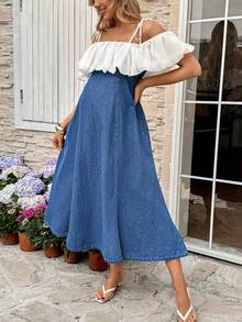 SHEIN Maternity Summer Casual Color Block Off Shoulder Denim Dress Spring To Summer Valentine's Day Carnival Costume Commuting Vacation Graduation Chic Y2k Cute Streetwear Coquette Party Wedding Elegant Business Casual Woman Women Fashionable A-Line Denim Midi Dress Versatile Casual Blue For Everyday Wear - Blue - View 7