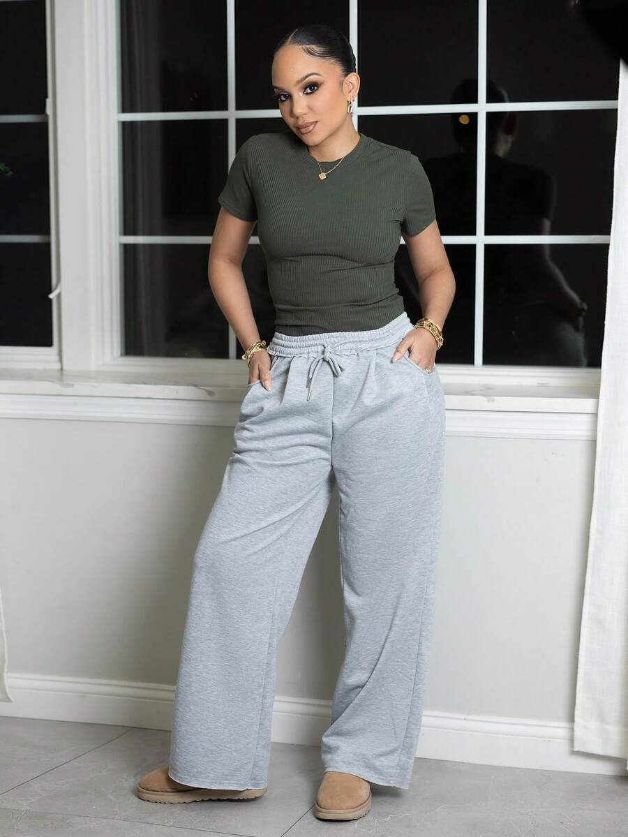 Melissa Matos Women's Summer Streetwear Going Out Casual Sport Basic Essentials French Grey Elastic Waistband Straight Baggy Pants Y2k - Grey - View 1