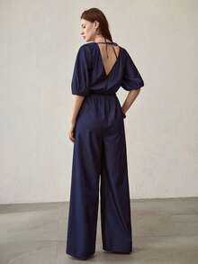 MOTF PREMIUM 褶皱裹身V领连体裤 - 藍色 - 查看 3