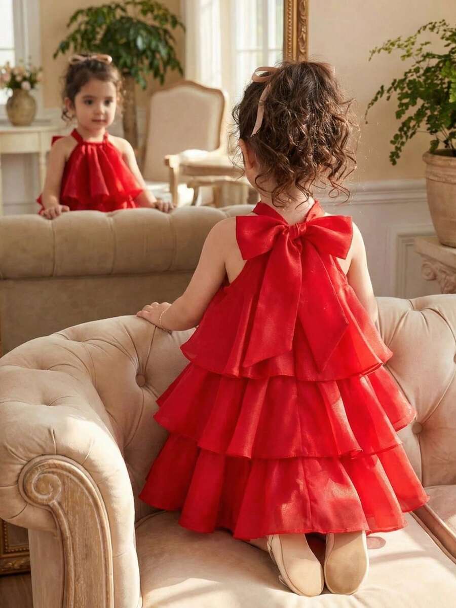SHEIN Đầm suông không tay màu trơn có bèo nhún cho bé gái - Đỏ - Xem 1