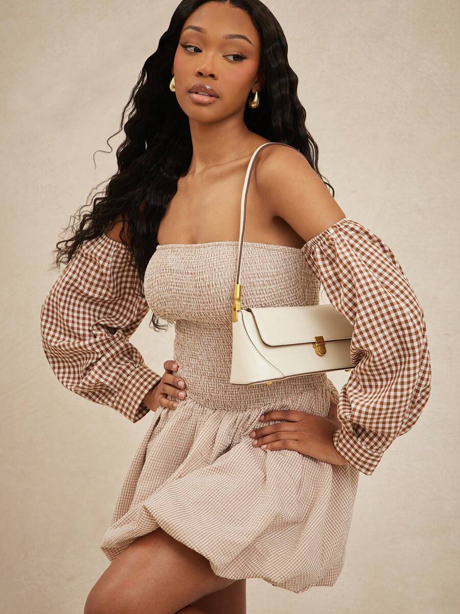 NYA SZN Dress Off The Shoulder Long Sleeve Smocked Bubble Hem Fitted Cinch Brown Gingham Valentine's Day Easter St. Patrick's Day Spring Outfits For Women - Multicolor - View 1