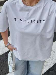 Dazy Plus Letter Print Casual Loose Fit Crew Neck Short Sleeve T-Shirt, Streetwear Style, White - White - View 8