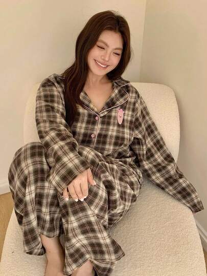Dazy Plus Fashionable Plaid Loose Cartoon Patch Cute Long Sleeve Top And Straight Leg Pajama Pants Sleepwear Set, Spring/Autumn