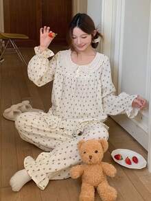 DAZY 碎花荷叶边领波点纹理雪纺面料荷叶边女士睡衣套装 - 白色 - 查看 6