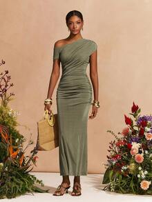 Zivah 2026 Spring/Summer New Arrivals, Casual Olive Green Asymmetric One-Shoulder Knit Pleated Decorated Long Dress For Women, Suitable For Valentine's Day Outfit, Wedding Guest Attire, Vacations, Travel, Parties, Gatherings, Cruises, Evenings, Beach Sunbathing, Nighttime Outings, Brunch, Shopping, Formal Occasions, Dinner Parties. - Grey - View 4