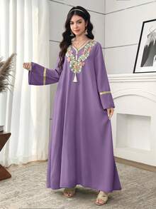 SHEIN 少女编织拼接提花面料流苏边休闲连衣裙 - 紫色 - 查看 3