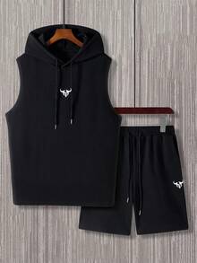 Manfinity Homme 男士休闲牛头印花连帽背心短裤套装，夏季 - 黑色 - 查看 3