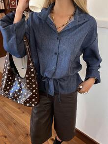 DAZY Women's Stand Collar Drawstring Tie Long Sleeve Casual Denim Jacket And Coat - Dark Wash - View 5
