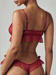 MISSGUIDED Lace Mesh Lingerie Set With Ruffle Details And Adjustable Straps For Intimate Occasions - Burgundy - View 2